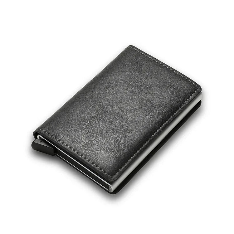 Slim black leather wallet with textured finish and minimalist design