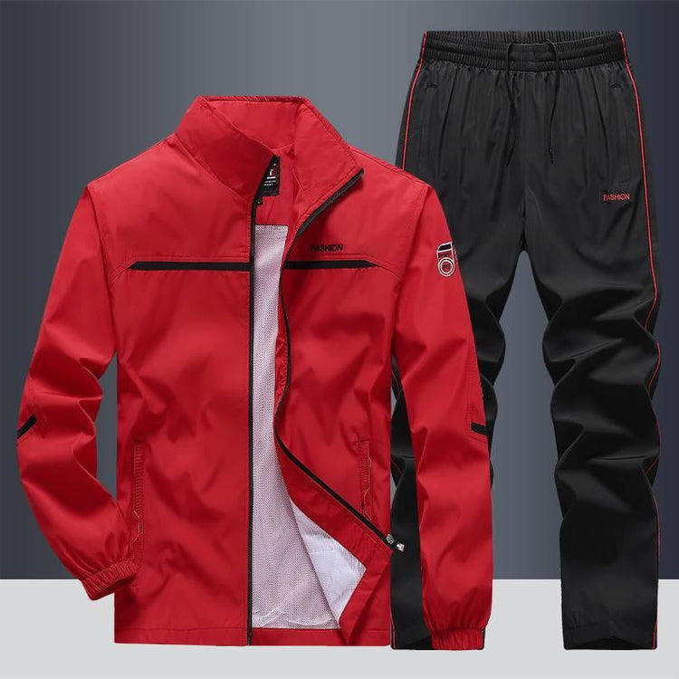 Red and black tracksuit set with zip-up jacket and elastic waist pants, lightweight fit