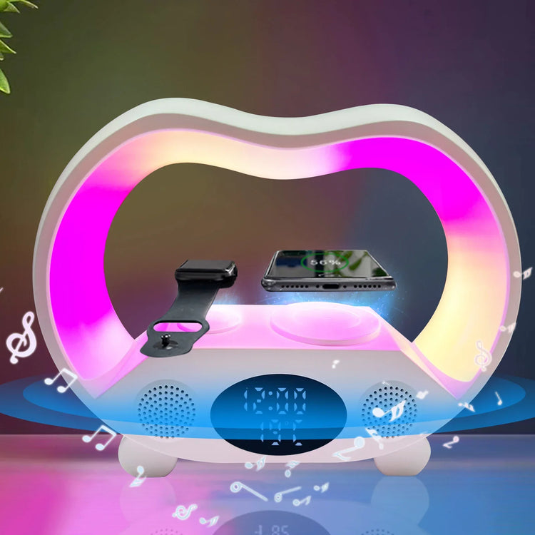 Futuristic LED lamp speaker with wireless charging, digital clock, and phone stand, neon colors.