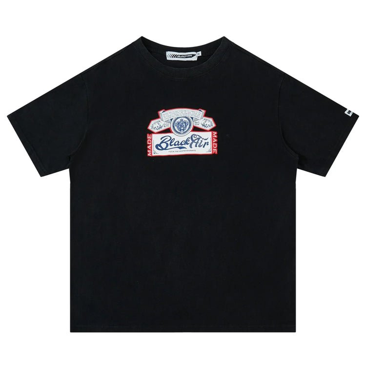 Black oversized streetwear t-shirt with bold front graphic and short sleeves, cotton material