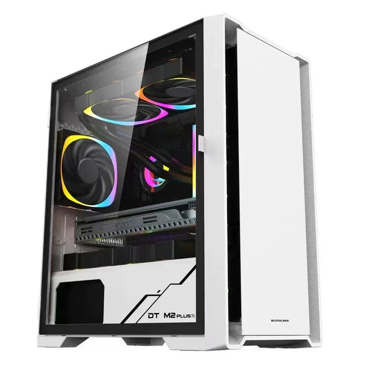 White mid-tower PC case with tempered glass, RGB fans, and modern minimalist design