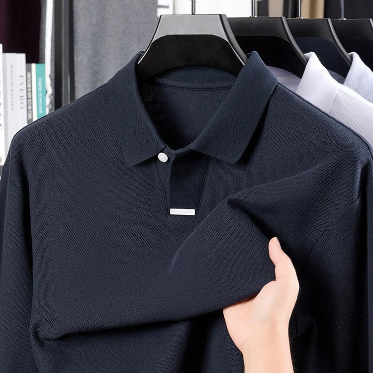 Black textured polo shirt with classic collar, regular fit, soft breathable material