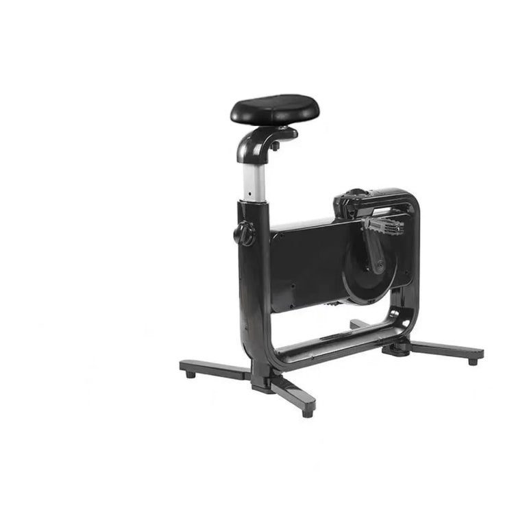 Compact black and silver exercise bike with adjustable cushioned seat and sturdy frame