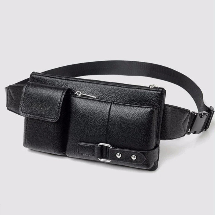 Black faux leather waist bag with buckle and zipper, modern streetwear accessory