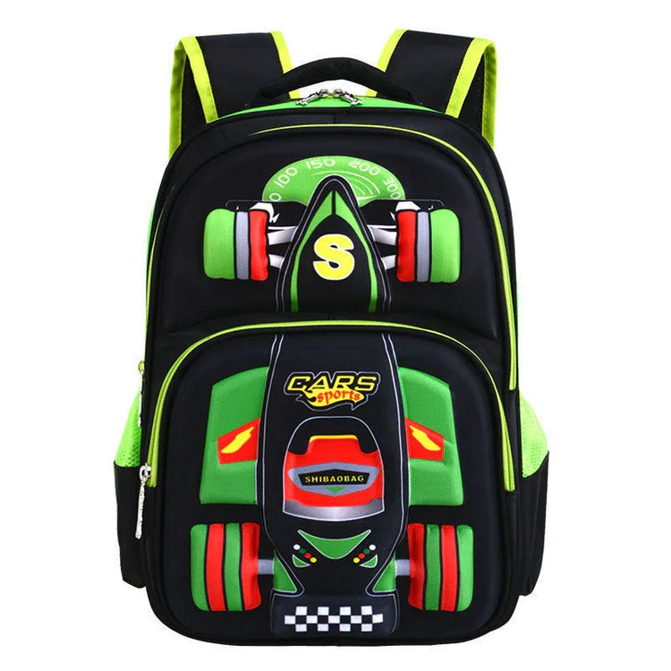 Kids backpack with race car design, black and green color, sporty and padded style