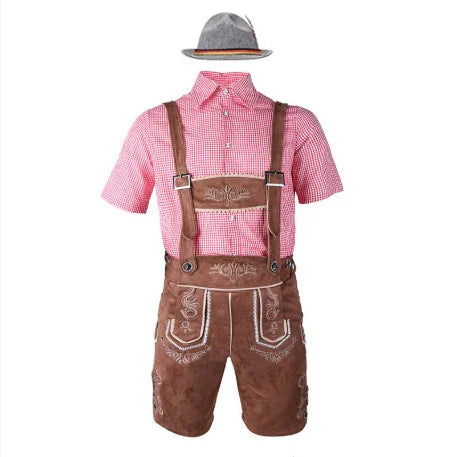 Traditional brown suede lederhosen shorts with suspenders, red checkered shirt, and grey felt hat