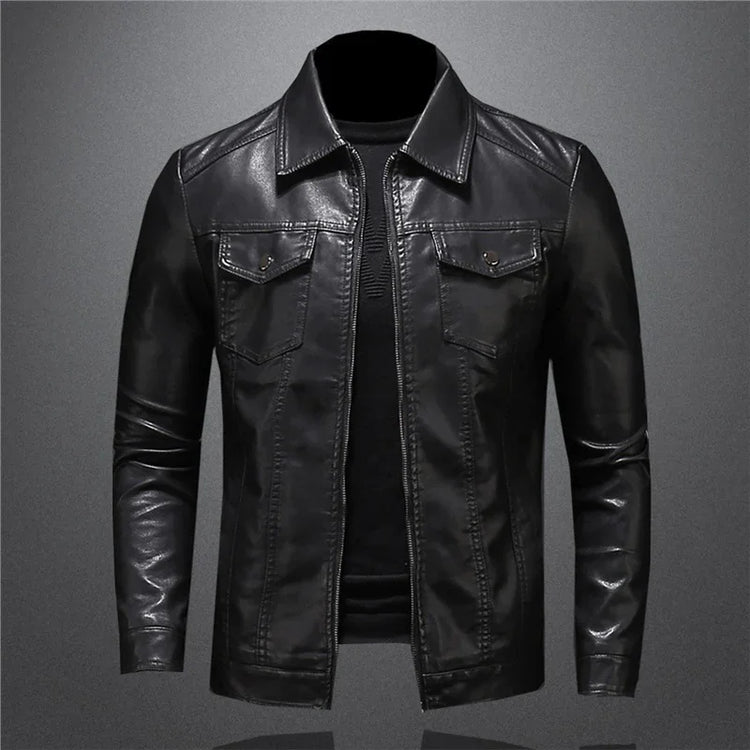 Black faux leather jacket with sleek modern fit, buttoned chest pockets, and collared design