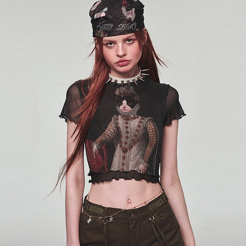 Hot Girl Style Cat Printing Mesh Polyester Top Women's Clothing