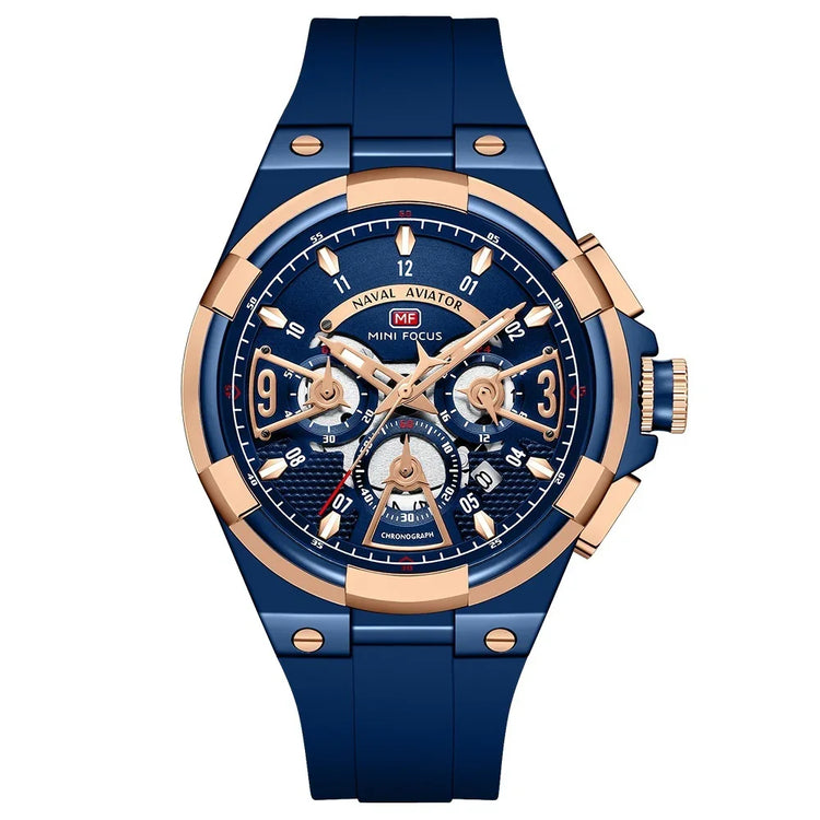 Blue and gold chronograph watch with metal case, blue silicone strap, and multi-dial face
