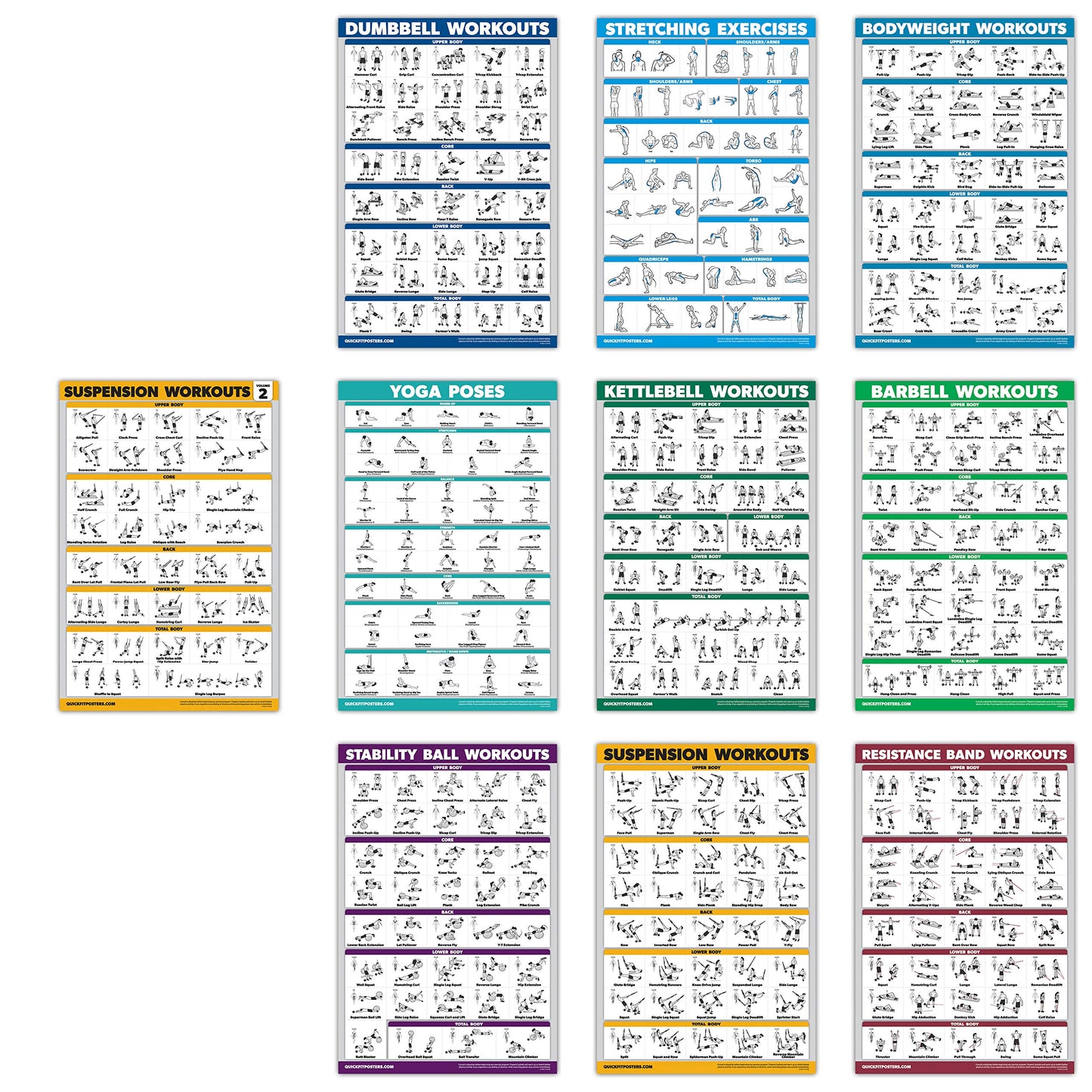 10 Pack - Exercise Workout Poster Set - Suspension Volume 1 & 2, Dumbbell, Kettlebell, Resistance Bands, Stretching, Bodyweight, Barbell, Yoga Poses, Exercise Ball (PAPER - NOT LAMINATED 18" x 24")
