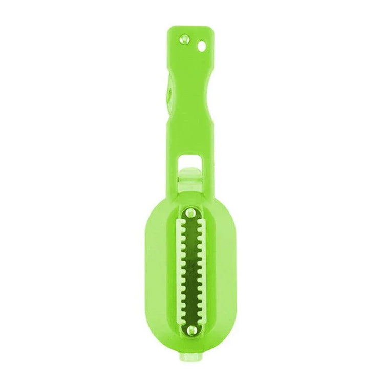 Bright green plastic handheld tool with jagged metal blade, minimalist design, isolated on white background.