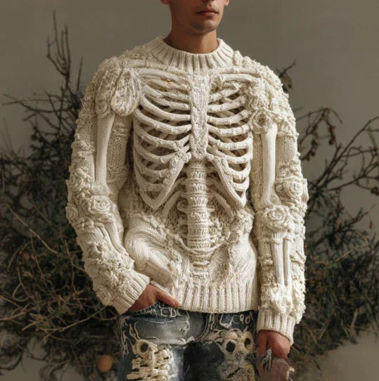 Cream knit sweater with 3D skeleton ribcage design, relaxed fit, textured streetwear style