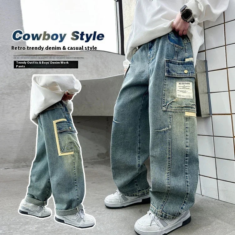 Loose fit light blue denim jeans with patchwork details and oversized pockets, paired with white sneakers and casual tops.