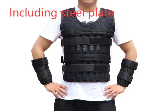 Man wearing black tactical vest and wrist guards over a white t-shirt, adjustable fit streetwear.