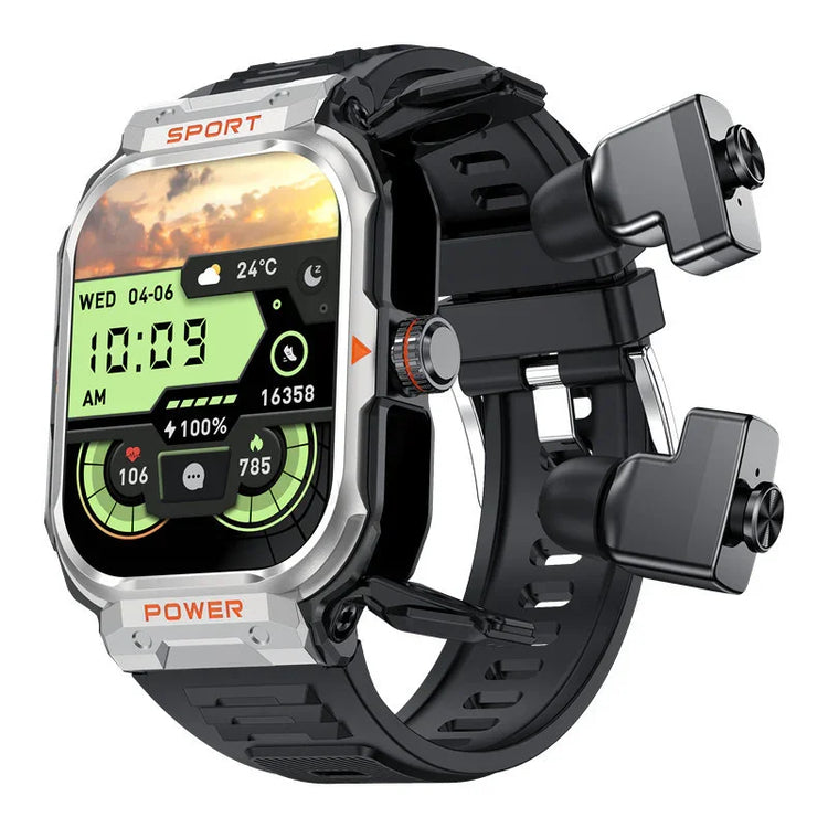 Silver and black digital smart watch with sport band and attached wireless earbuds