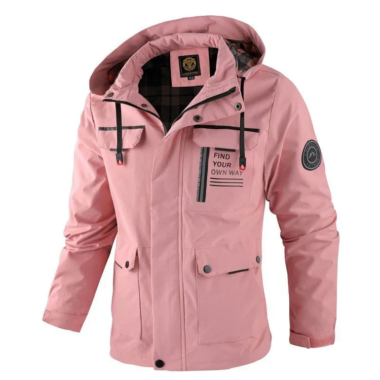 Light pink hooded streetwear jacket with black zipper details, slogan print, and relaxed fit