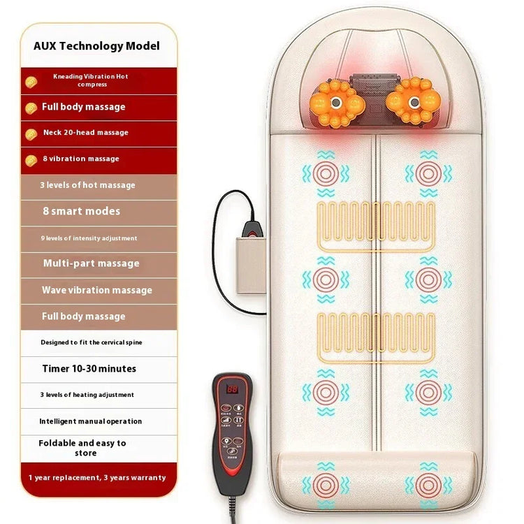 Beige full body massage mat with vibration zones, heated neck rollers, and remote control