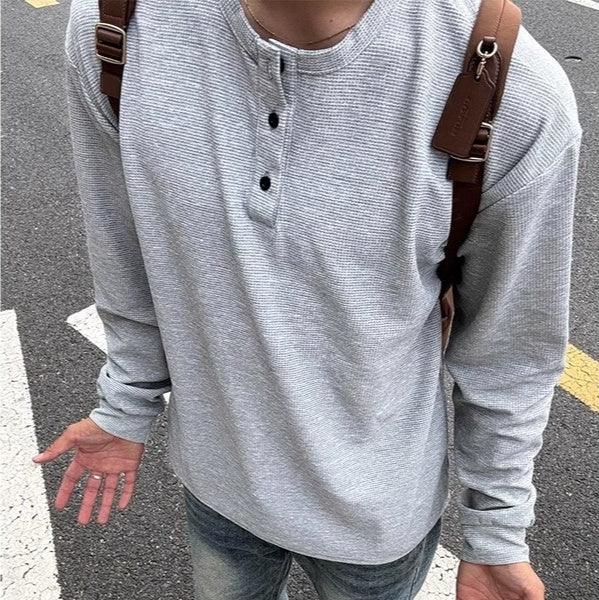 Light grey waffle knit long sleeve Henley shirt, relaxed fit, street style
