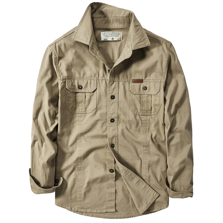 Beige cotton button-up shirt with long sleeves and chest pockets, relaxed fit