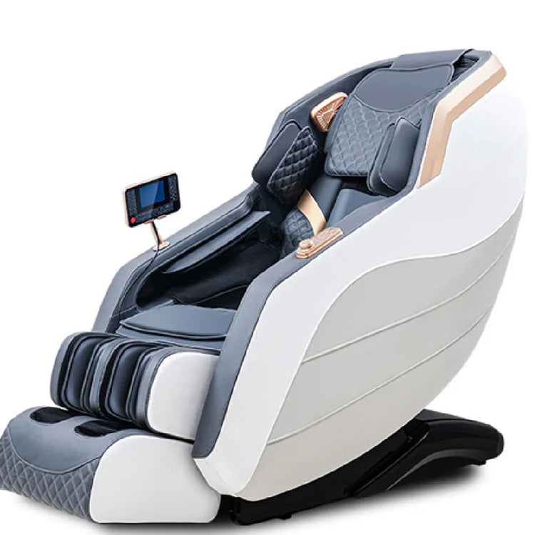 Modern gray and white leather massage chair with quilted cushions and digital control panel
