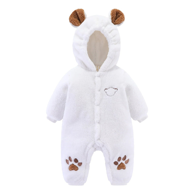 White fleece baby jumpsuit with bear ears hood and paw print details, relaxed fit