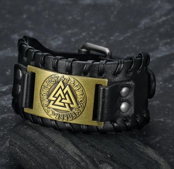 Black leather cuff bracelet with gold metallic Norse design and rune engraving, wide fit