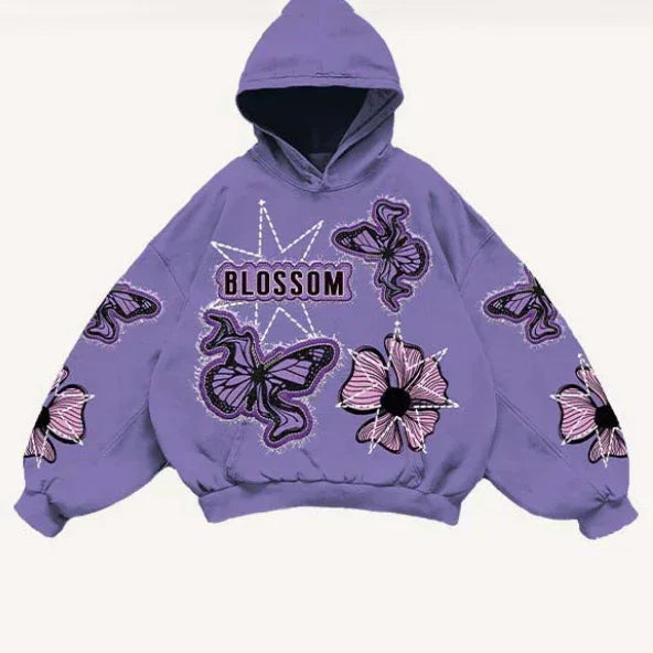 Oversized lavender hoodie with bold butterfly and flower graphics, soft cotton, relaxed fit