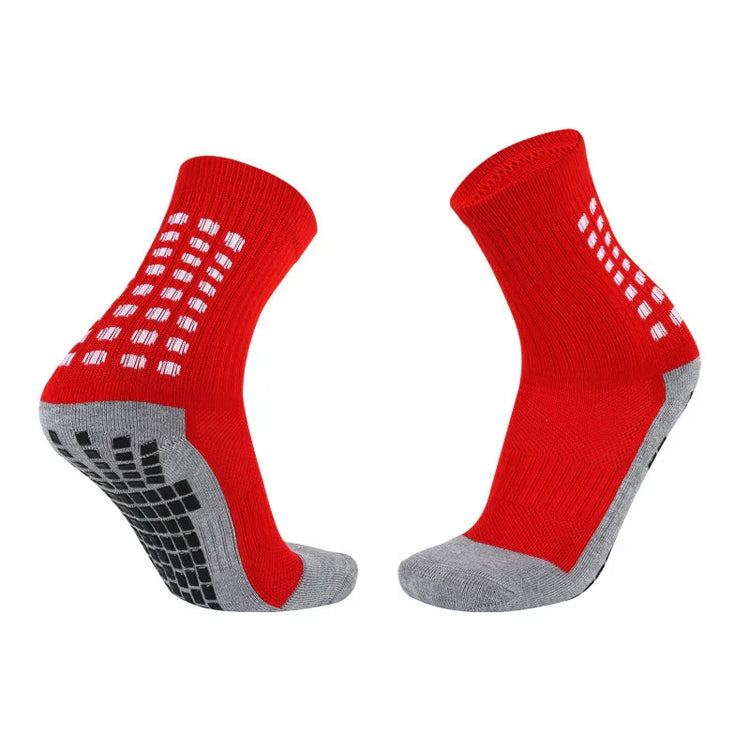 Red and gray athletic grip socks with cushioned sole and anti-slip rubber pads