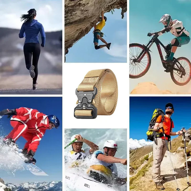 Outdoor sports collage featuring a tan nylon tactical belt with quick-release metal buckle