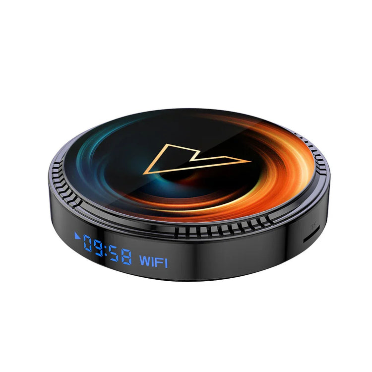 Futuristic round black wireless charger with digital time display and colorful LED accents