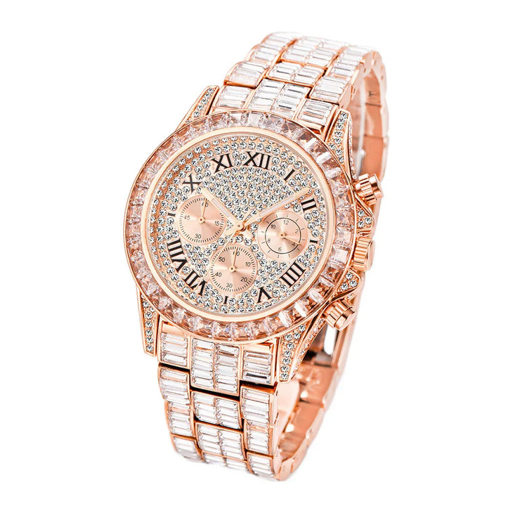 Rose gold watch with crystal-studded face and band, luxury style, metallic finish