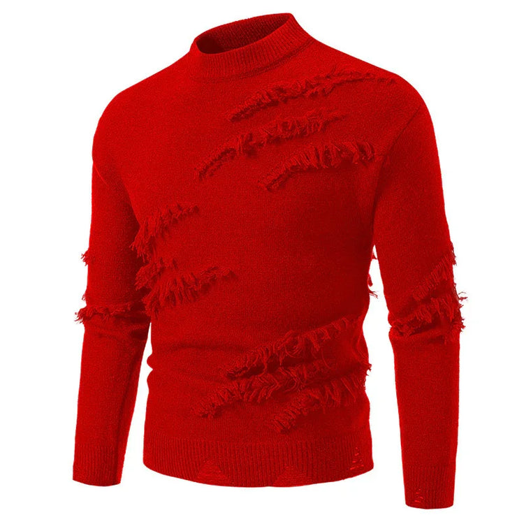 Bright red distressed knit sweater with ripped detailing and slim fit style