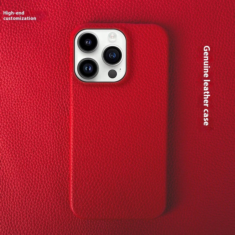 Red genuine leather phone case with textured finish and snug fit, shown on a smartphone.