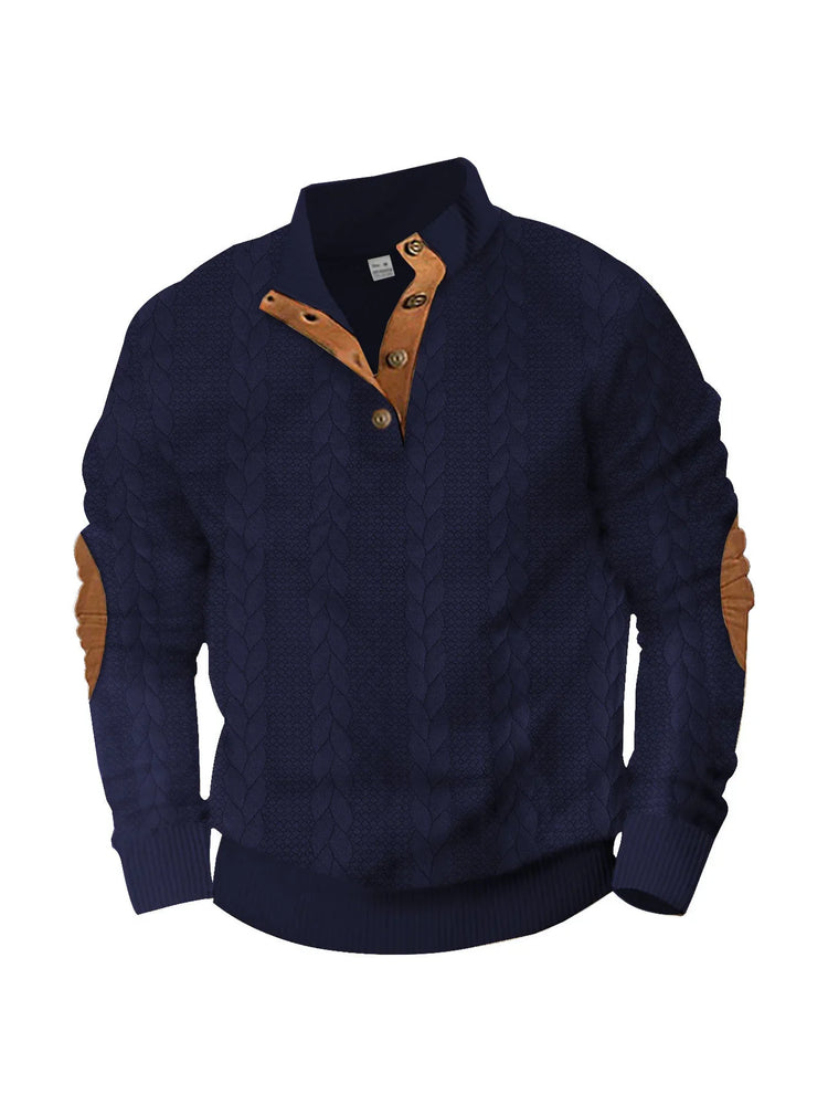 Navy blue cable knit pullover sweater with brown suede elbow patches and button collar