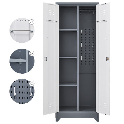 Gray And White Color Metal Lockers, Cleaning Tool Cabinets With Locking Doors, High Broom Tool Storage Cabinets, Adjustable Shelves, Large Cabinets For Kitchens, Offices, Shops.65 Inches