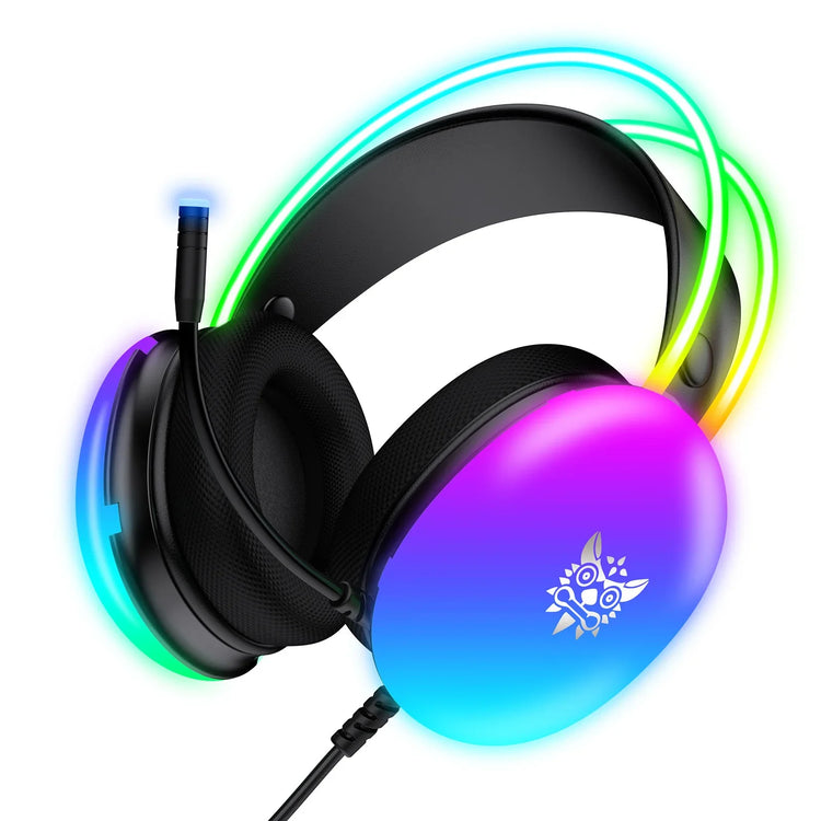 Over-ear gaming headset with black padding, RGB LED lights, and a detachable microphone