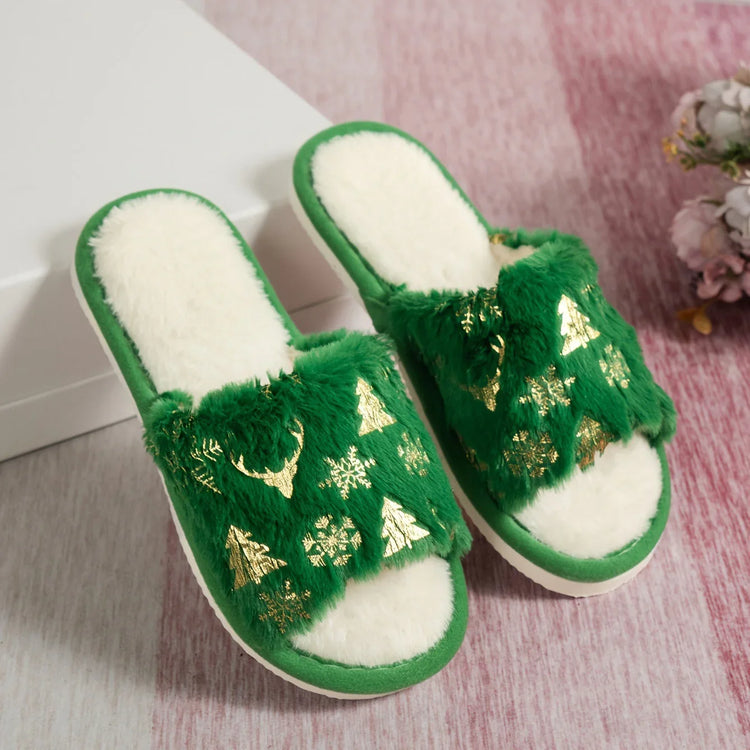 Green faux fur slippers with gold Christmas tree and snowflake print, open toe, cozy fit