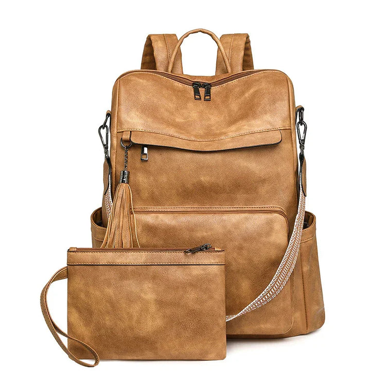 Tan faux leather backpack with front zipper pocket and matching wristlet pouch