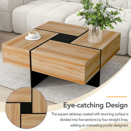 Modern square wooden coffee table with black metal accents and puzzle-style design in a living room