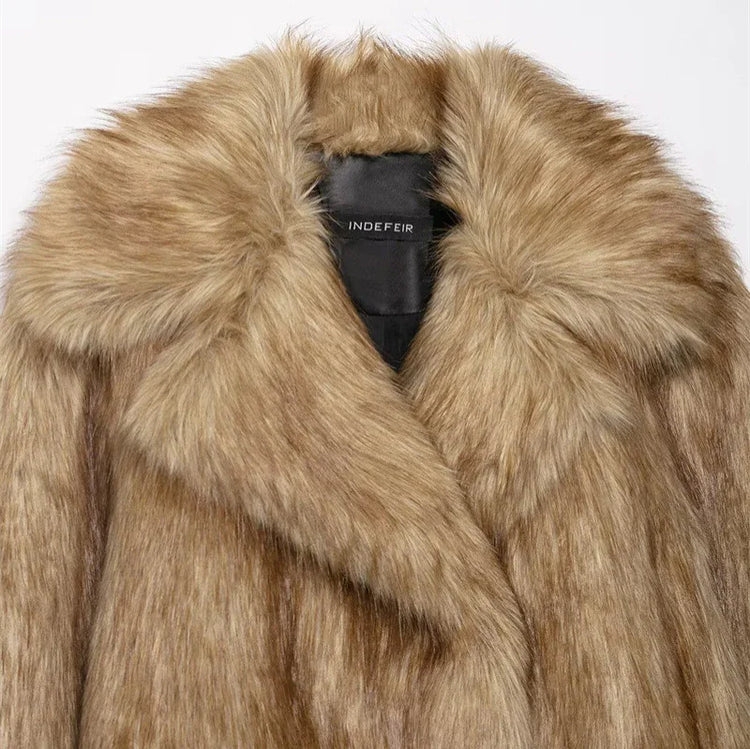 Brown faux fur coat with wide lapel collar and relaxed fit, soft plush texture