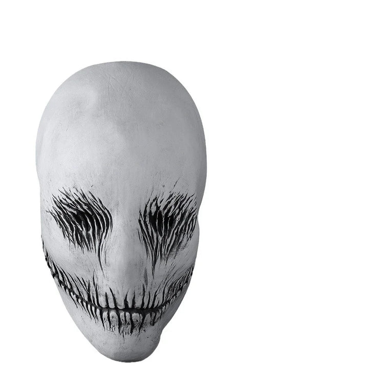 White latex horror mask with black streaky details, full face fit, futuristic streetwear accessory