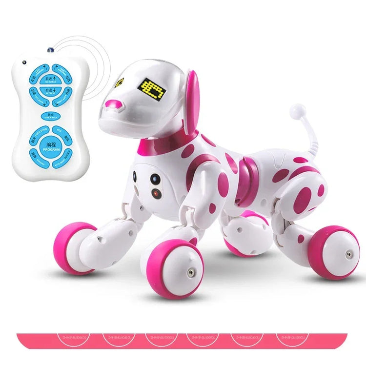 White and pink robotic toy dog with remote control, futuristic interactive design