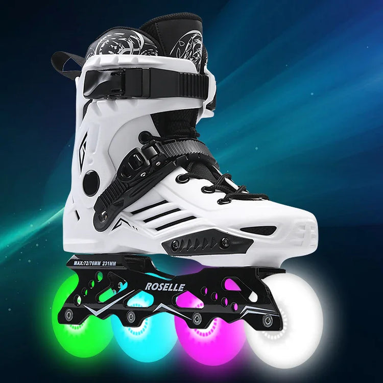 White hard shell inline skate with black accents and colorful LED wheels, futuristic style