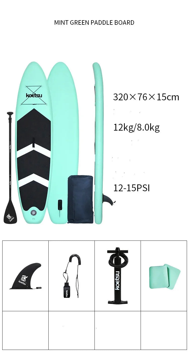 Mint green inflatable paddle board set with black details, paddle, pump, leash, fin, and bag.