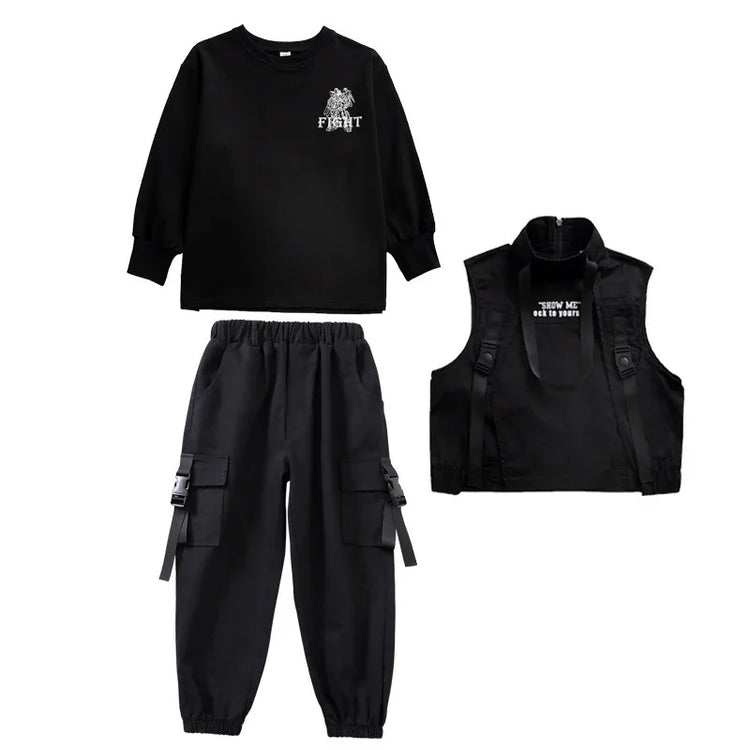 Black cargo pants, long sleeve streetwear shirt, and utility vest set, relaxed fit.