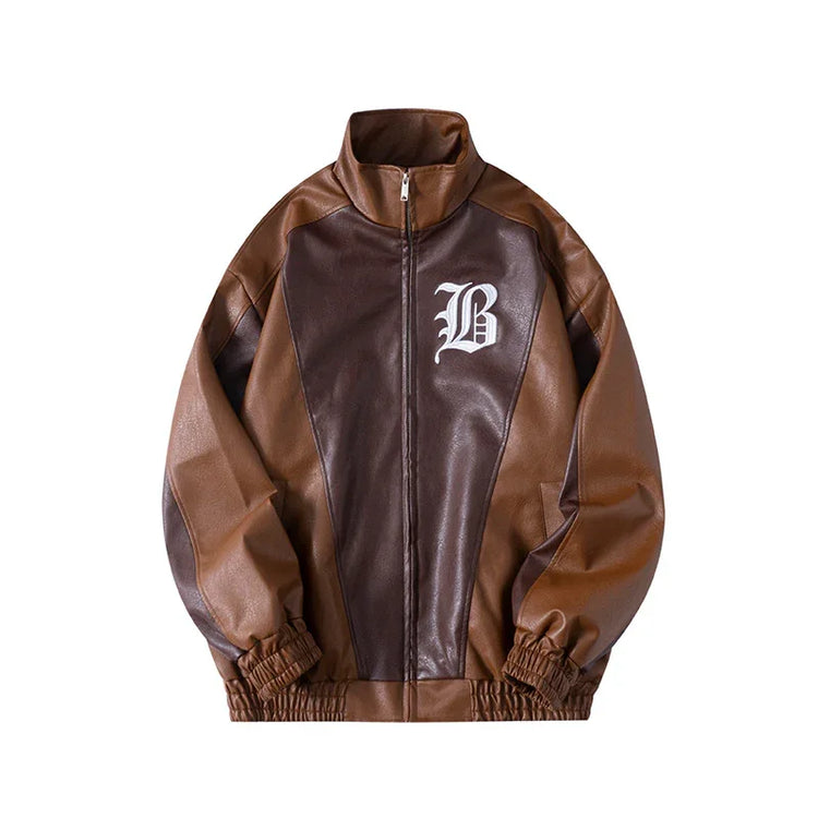 Brown faux leather zip-up jacket with contrast panels, relaxed fit, and white letter detail