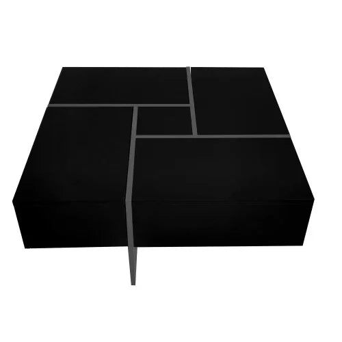 Modern black square coffee table with geometric panel design and matte finish