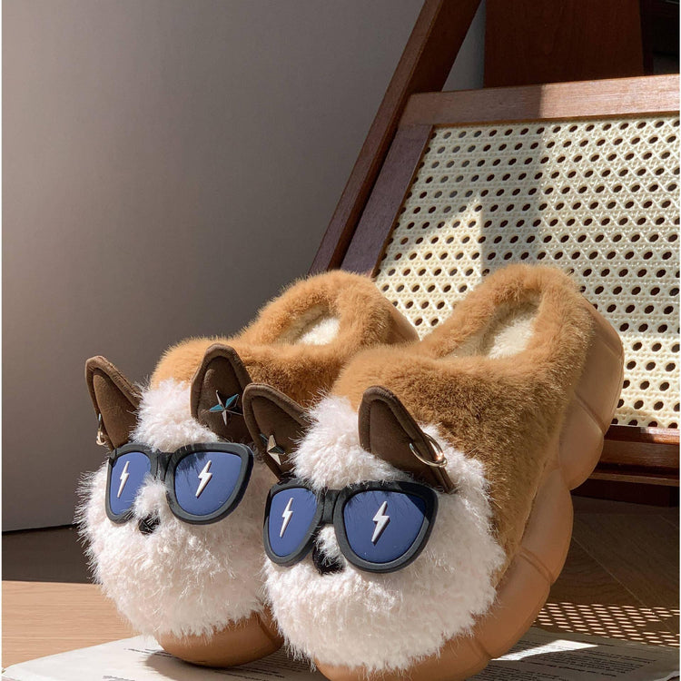 Brown and white plush cat slippers with faux fur, 3D ears, and cartoon sunglasses, cozy fit