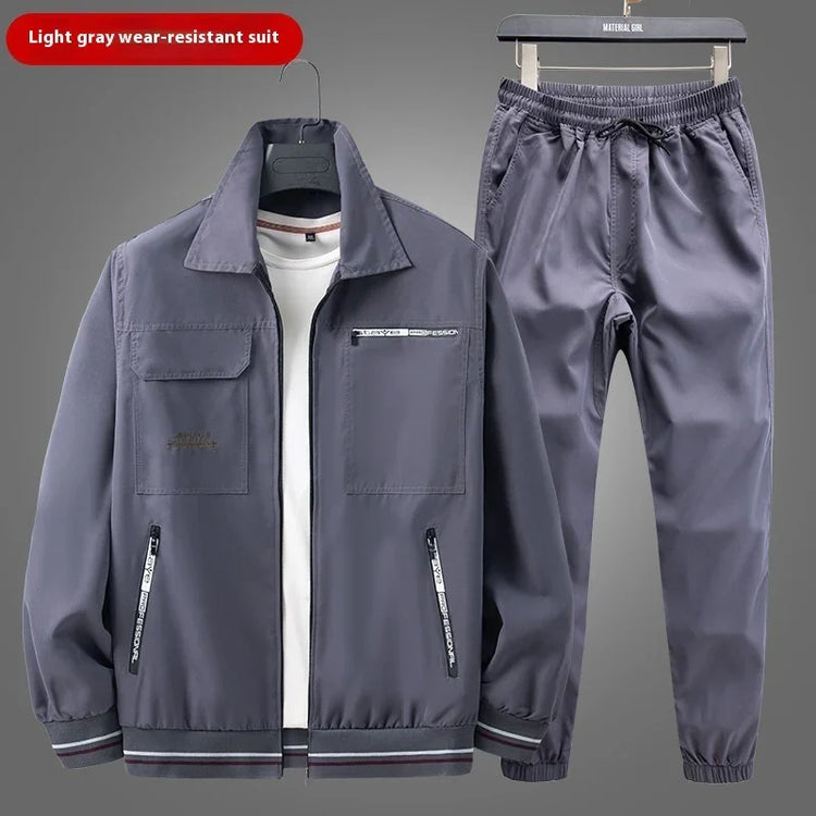 Light gray wear-resistant streetwear set with zip-up jacket and elastic waist pants, relaxed fit