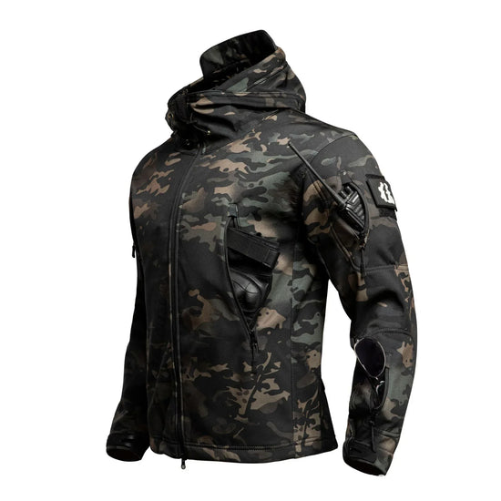 Men’s black camo hooded jacket with tech pockets, sleek fit, and tactical design accents.